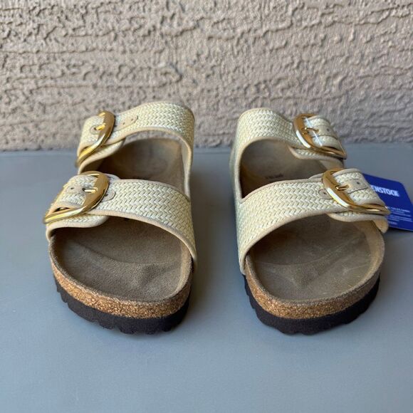 Birkenstock Arizona Big Buckle Raffia Sandal Women’s 38EU or 7US Natural Texture - Picture 2 of 12